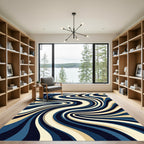 Abstract Navy and Cream Flowing Swirls Rug