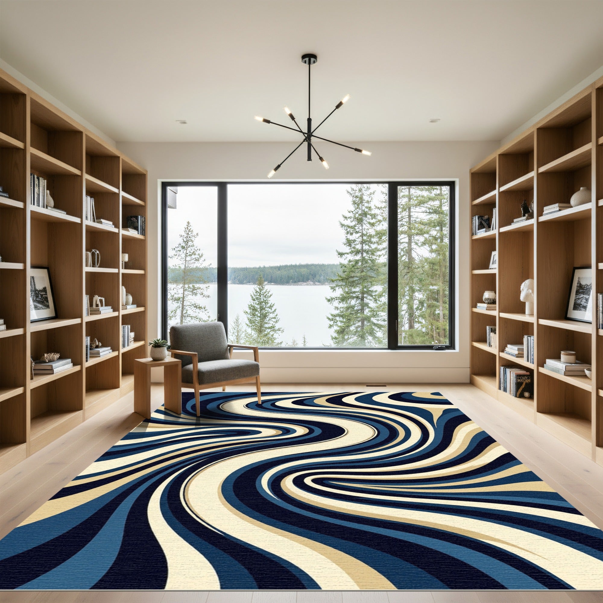 Abstract Navy and Cream Flowing Swirls Rug