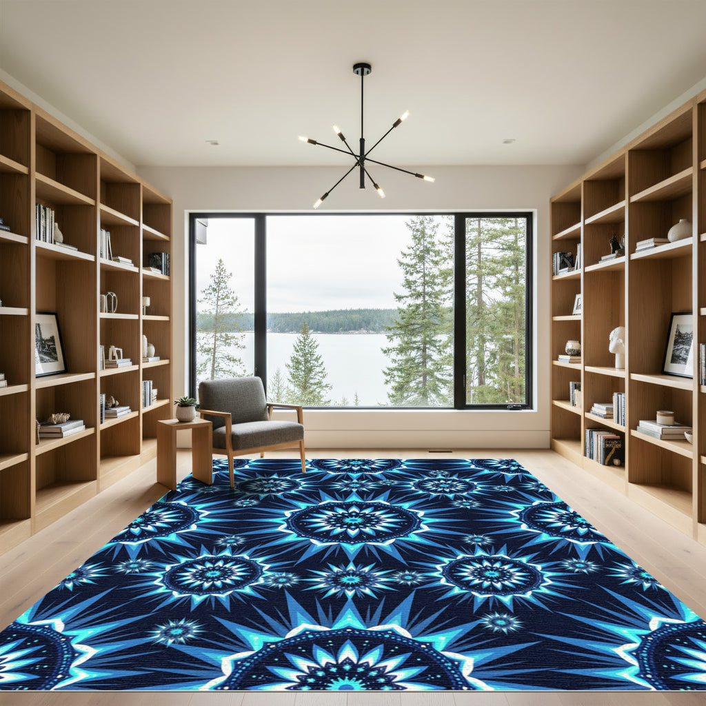 Celestial Blue Geometric Star Burst Rug