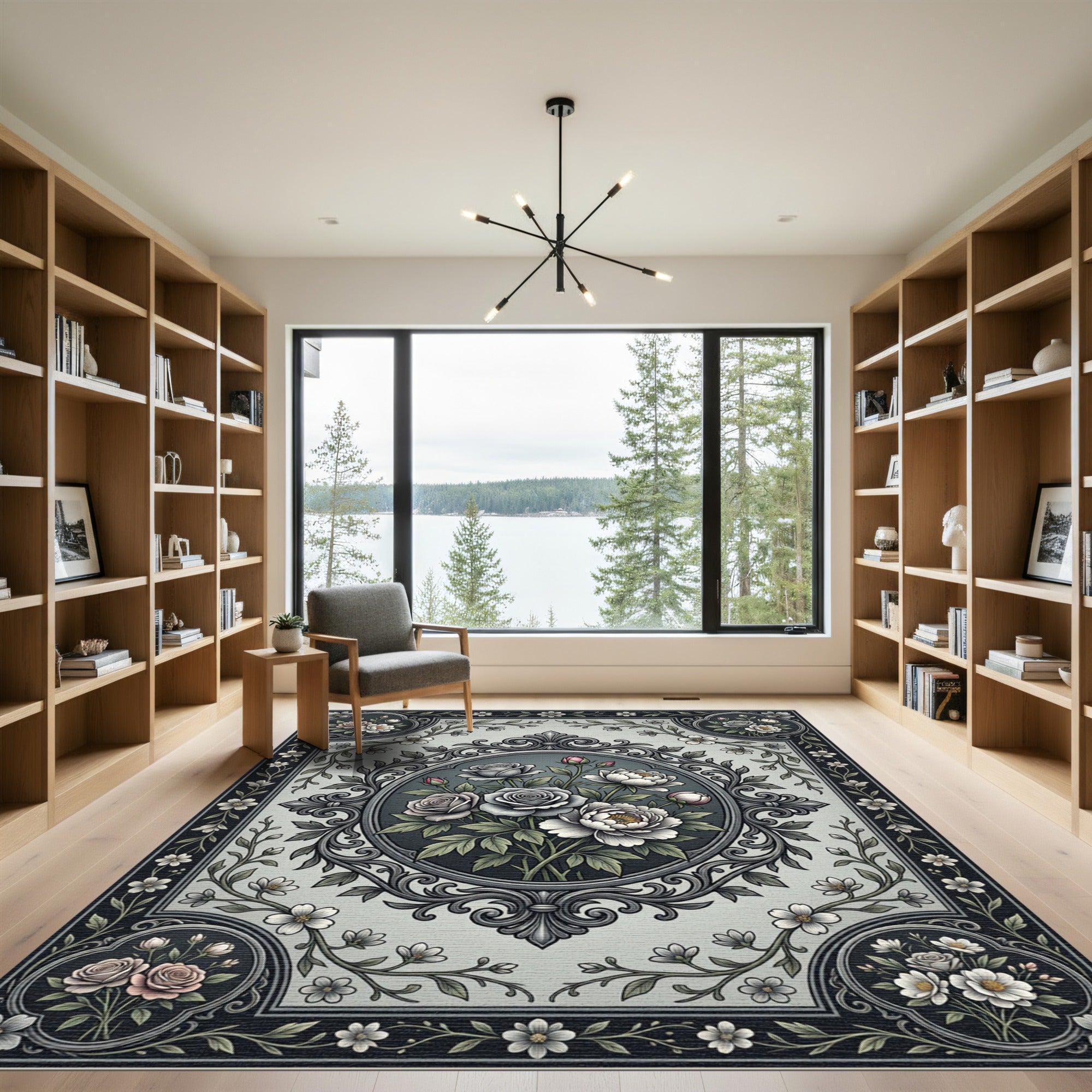 Vintage Gray Rose Floral Medallion Rug