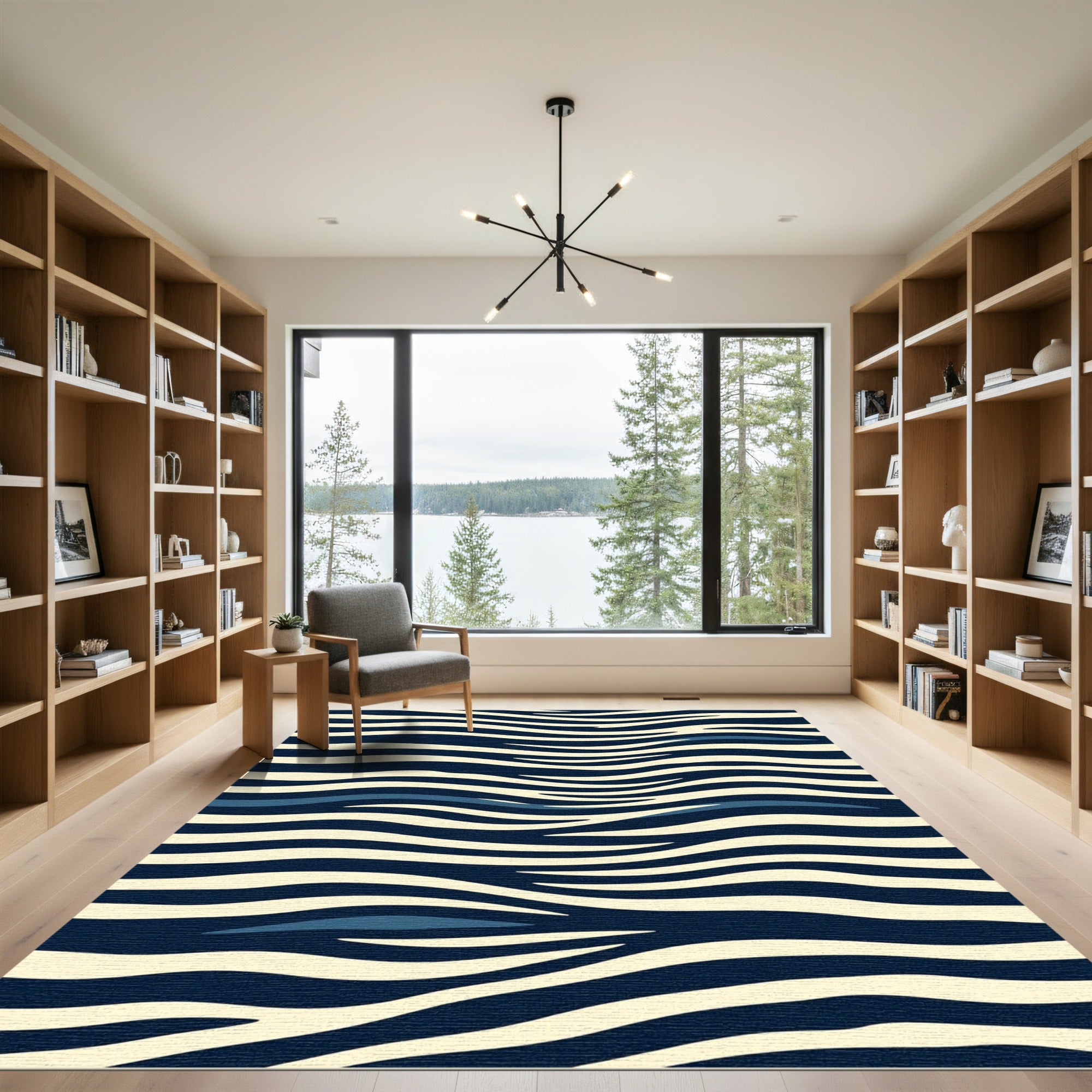 Navy Blue Cream Wavy Zebra Stripes Rug