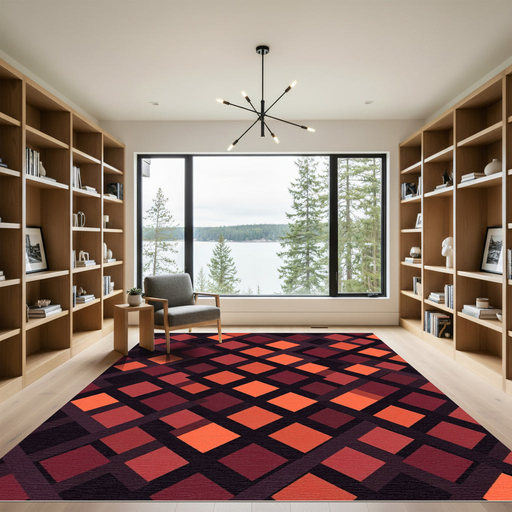 Bold Crimson Geometric Diamond Grid Rug