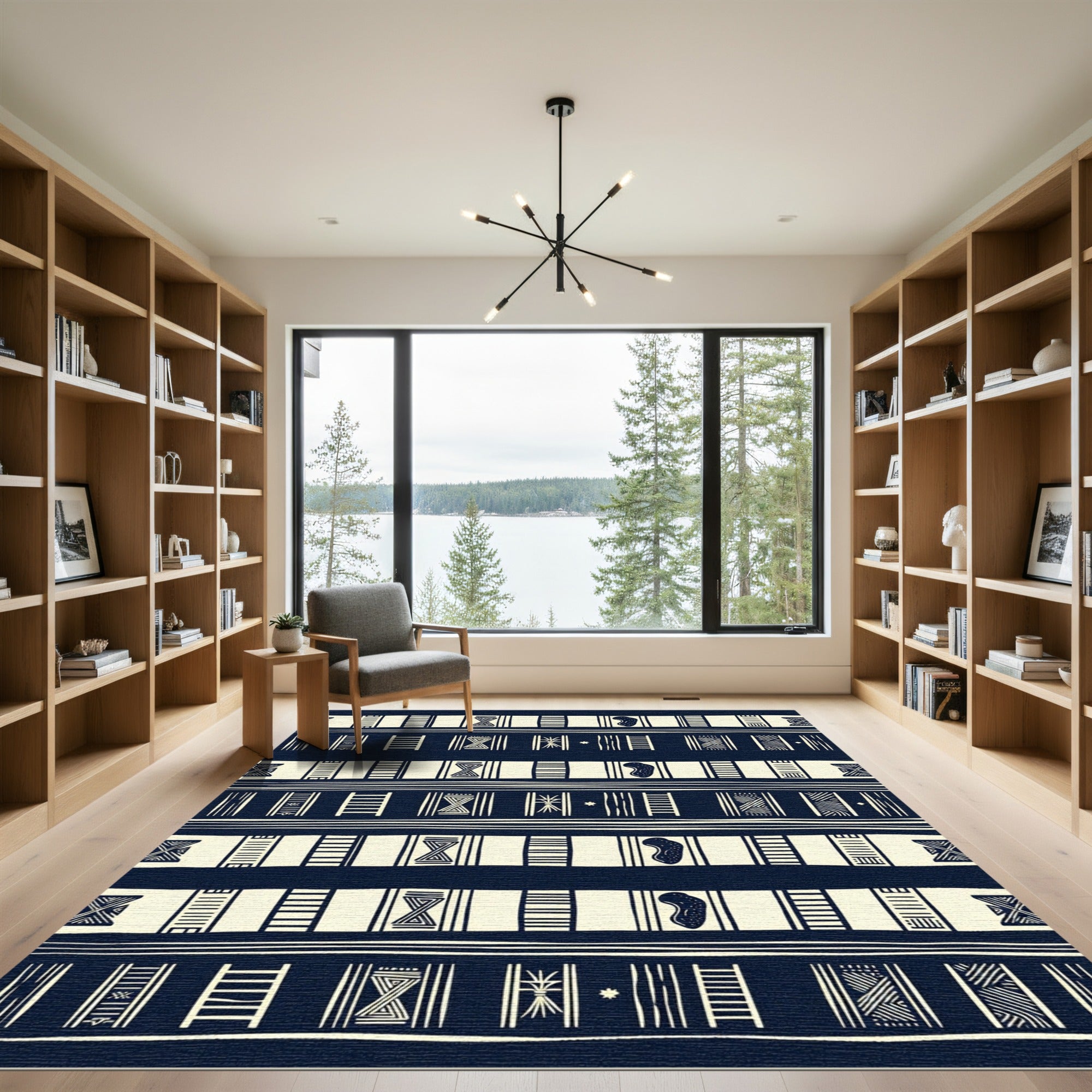 Midnight Navy Ivory Tribal Geometric Striped Rug