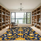 Ornate Gold Lotus Floral Navy Rug