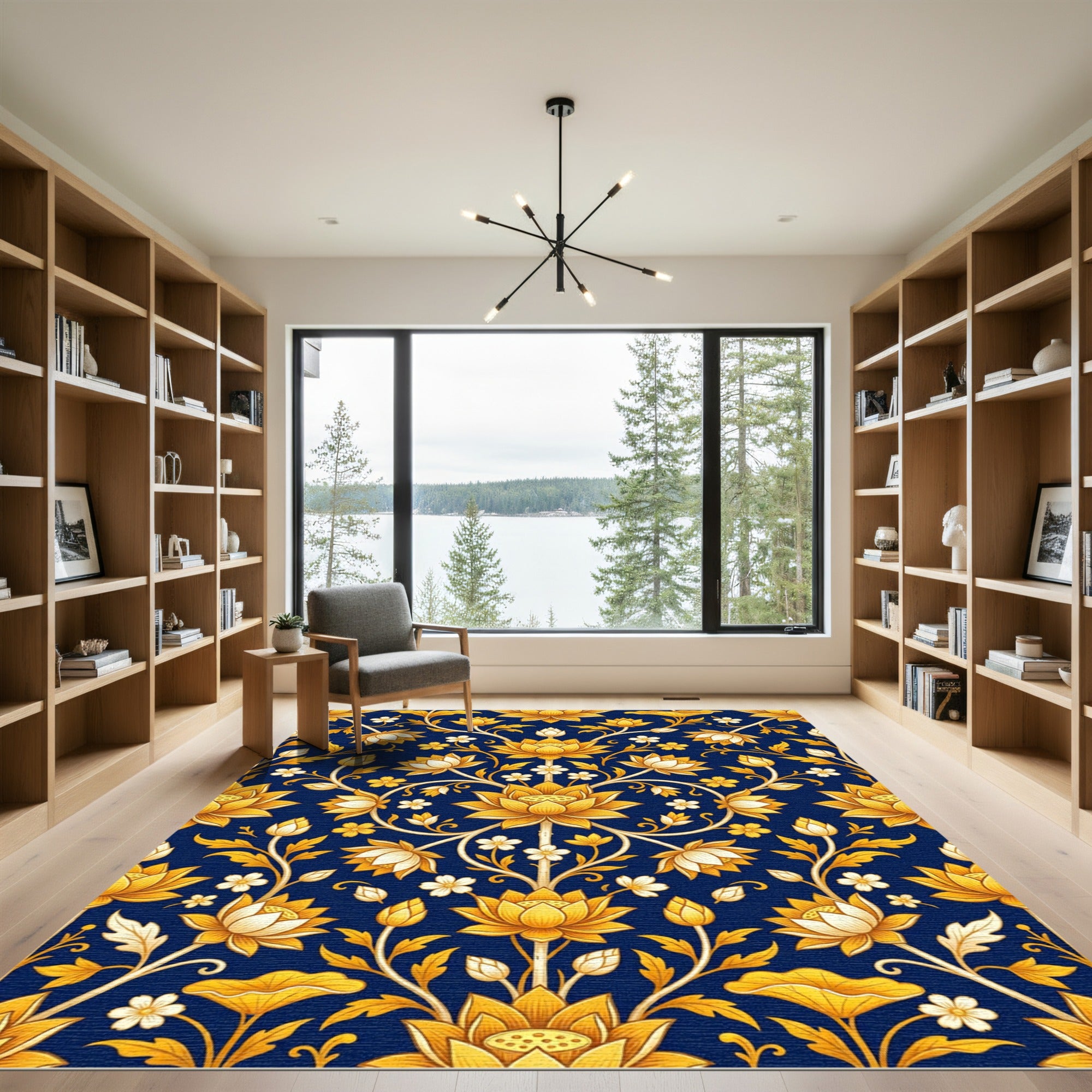 Ornate Gold Lotus Floral Navy Rug
