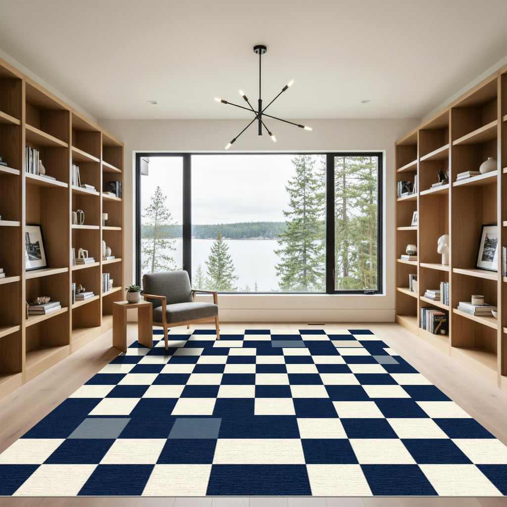 Modern Navy Blue Geometric Checkered Rug