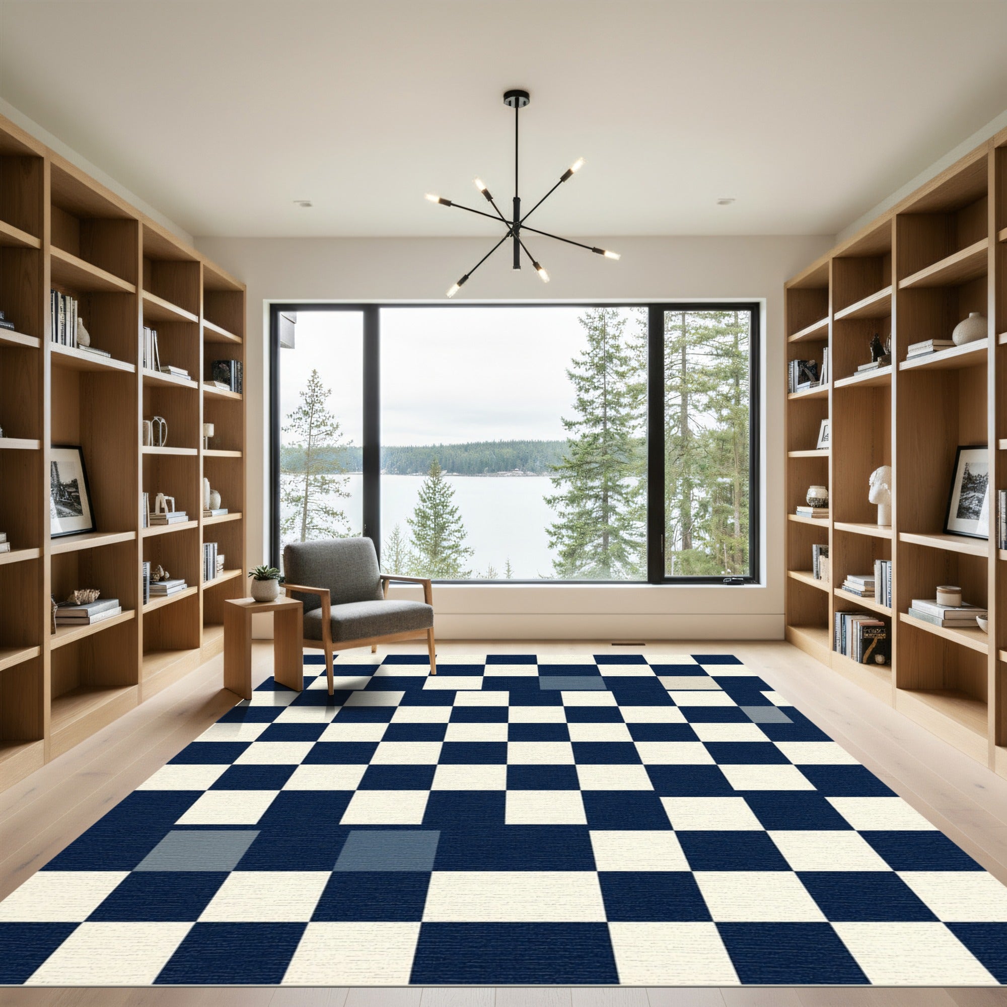 Modern Navy Blue Geometric Checkered Rug