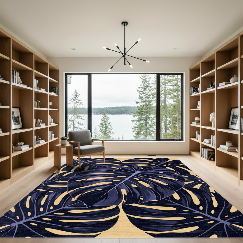 Dark Navy Tropical Monstera Leaf Art Rug