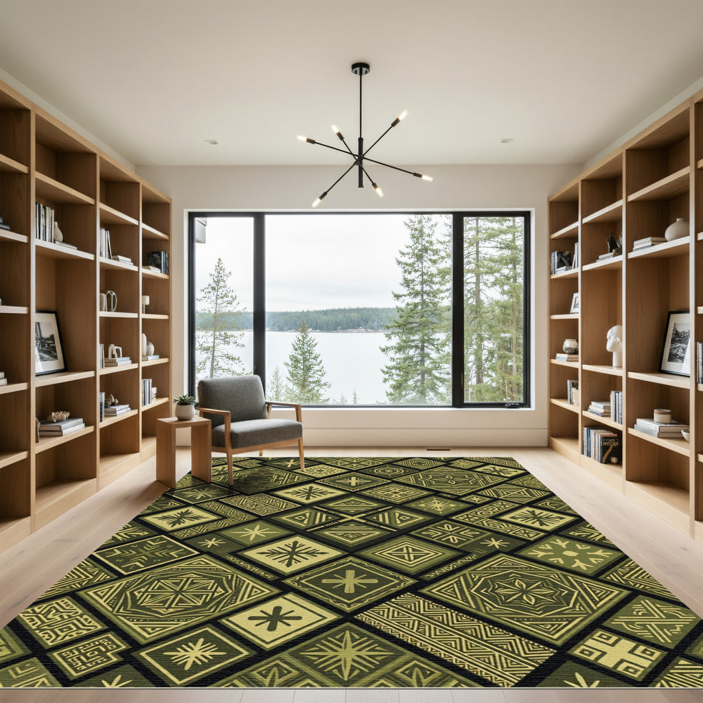 Olive Gold Geometric Tribal Square Tile Rug
