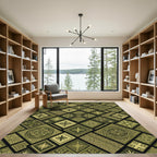 Olive Gold Geometric Tribal Square Tile Rug