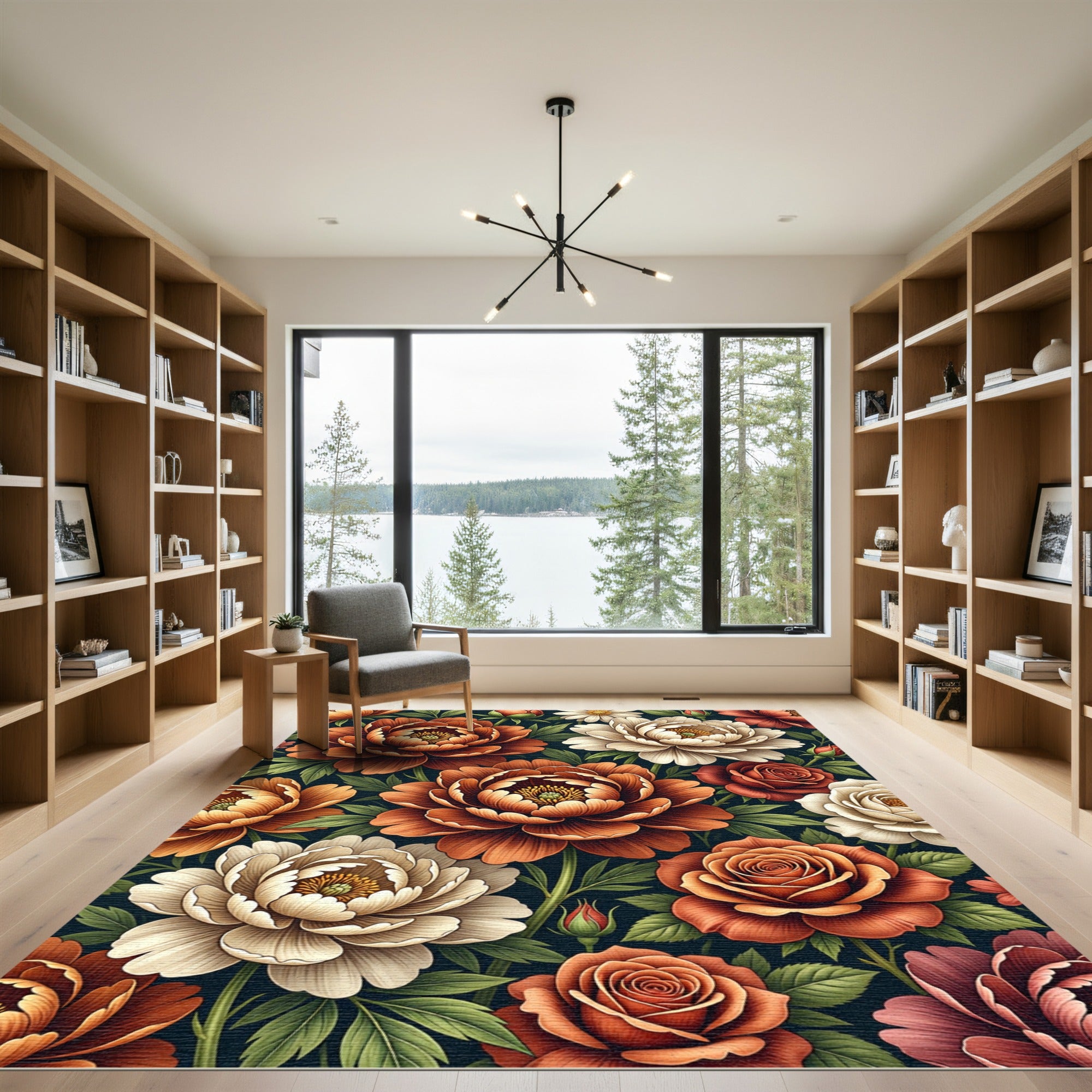 Earthy Botanical Peony and Rose Bouquet Rug