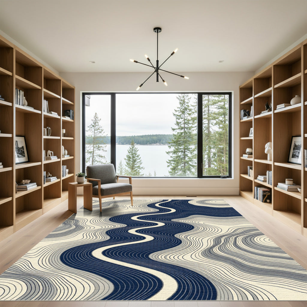 Abstract Navy Blue Wavy Contour Lines Rug
