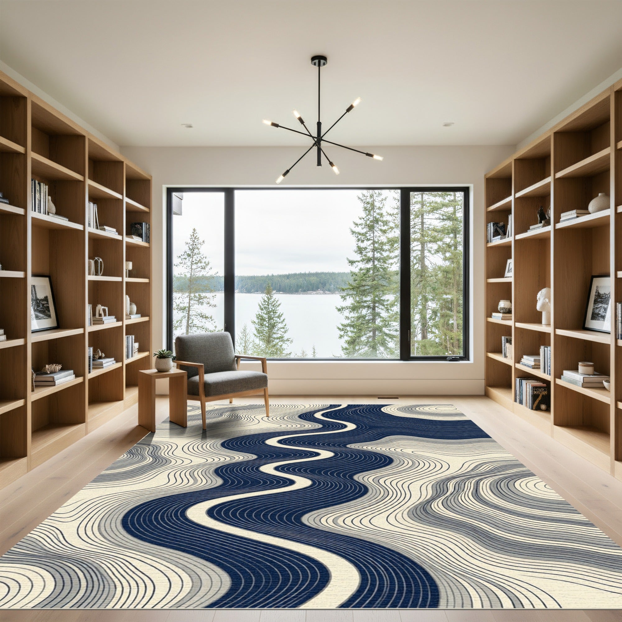 Abstract Navy Blue Wavy Contour Lines Rug