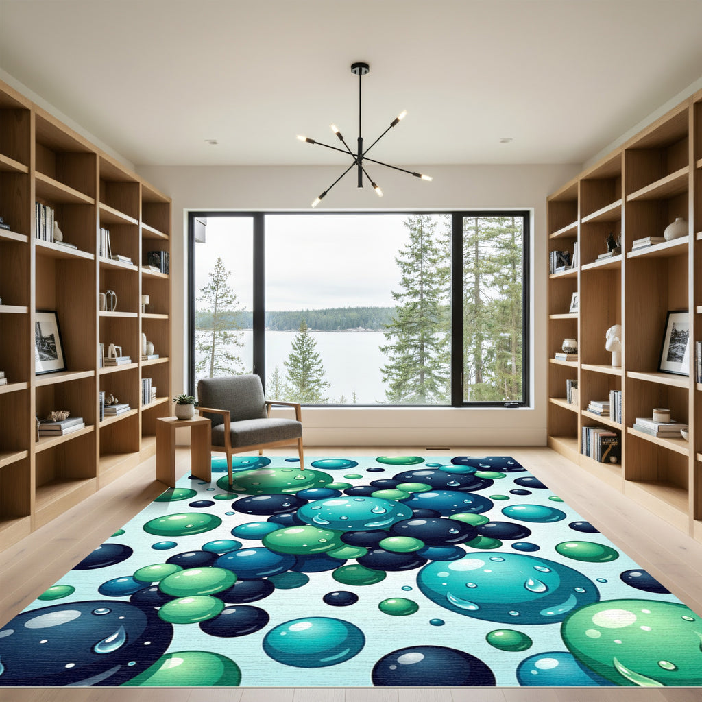 Aqua Teal and Navy Floating Spheres Rug