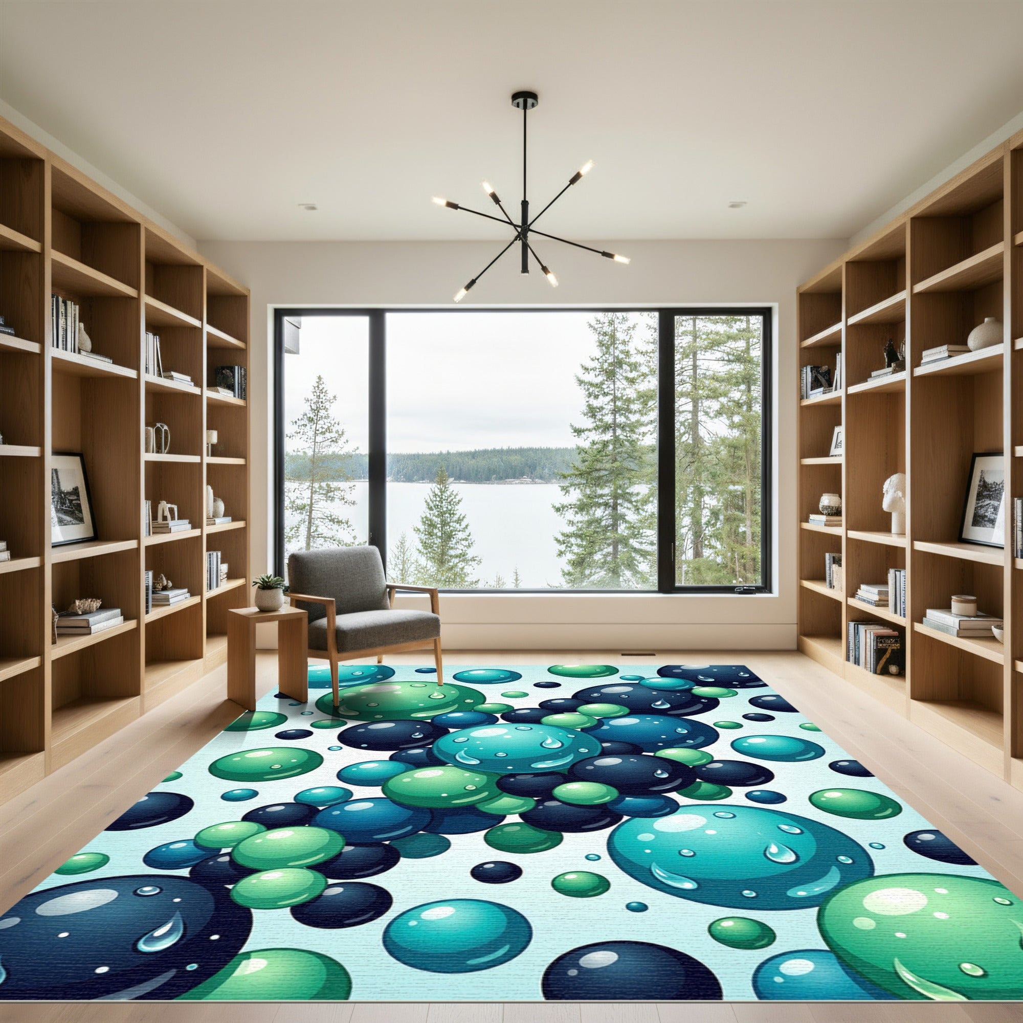 Aqua Teal and Navy Floating Spheres Rug