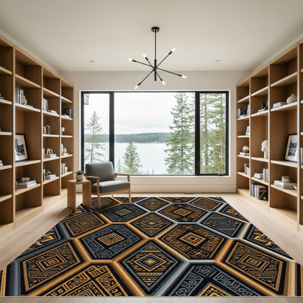 Gold Gray Tribal Hexagon Arrangement Rug