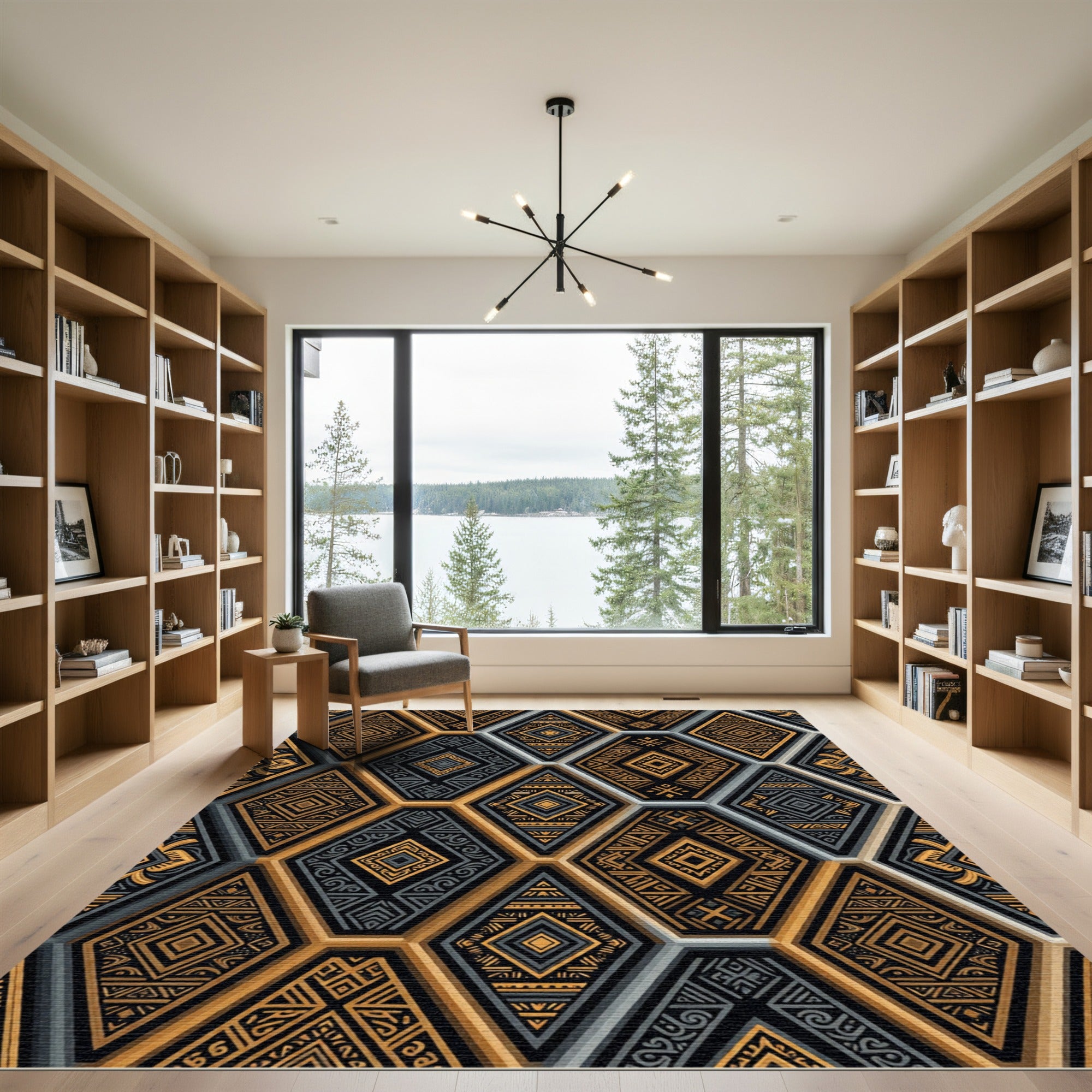 Gold Gray Tribal Hexagon Arrangement Rug