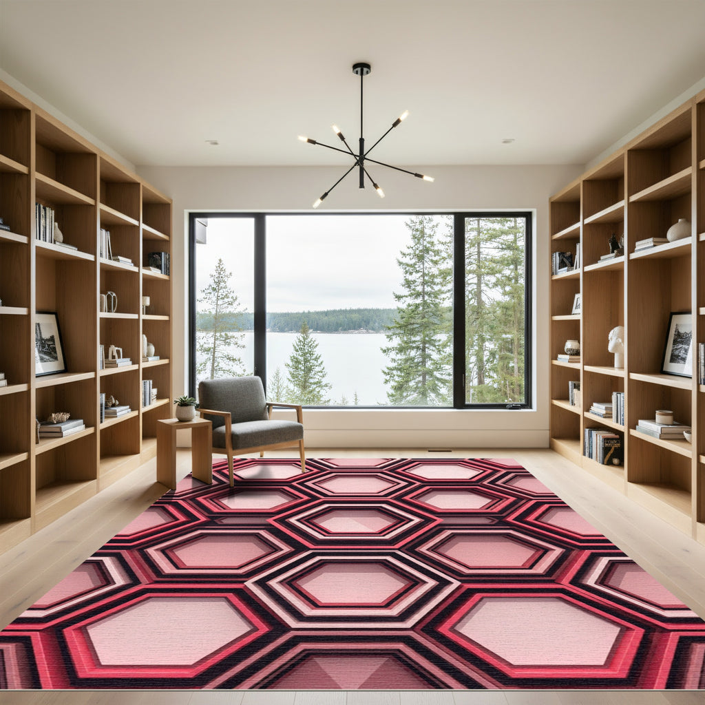 Deep Pink Layered Hexagon Texture Rug
