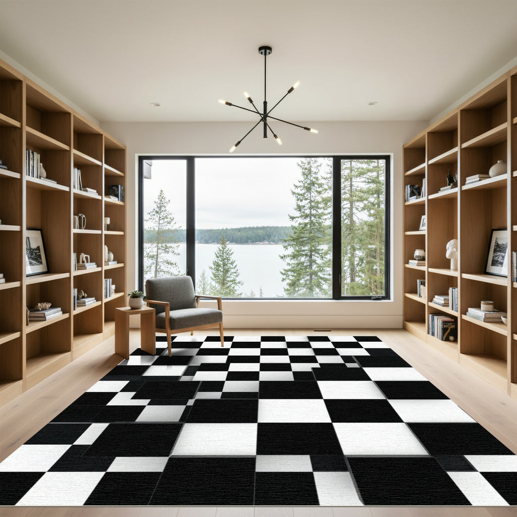 Modern Three Dimensional Black White Checkered Rug