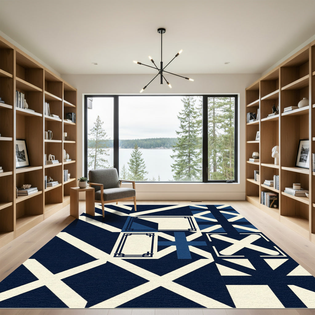 Modern Navy Cream Geometric Grid Rug