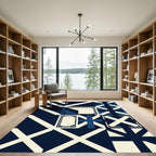 Modern Navy Cream Geometric Grid Rug