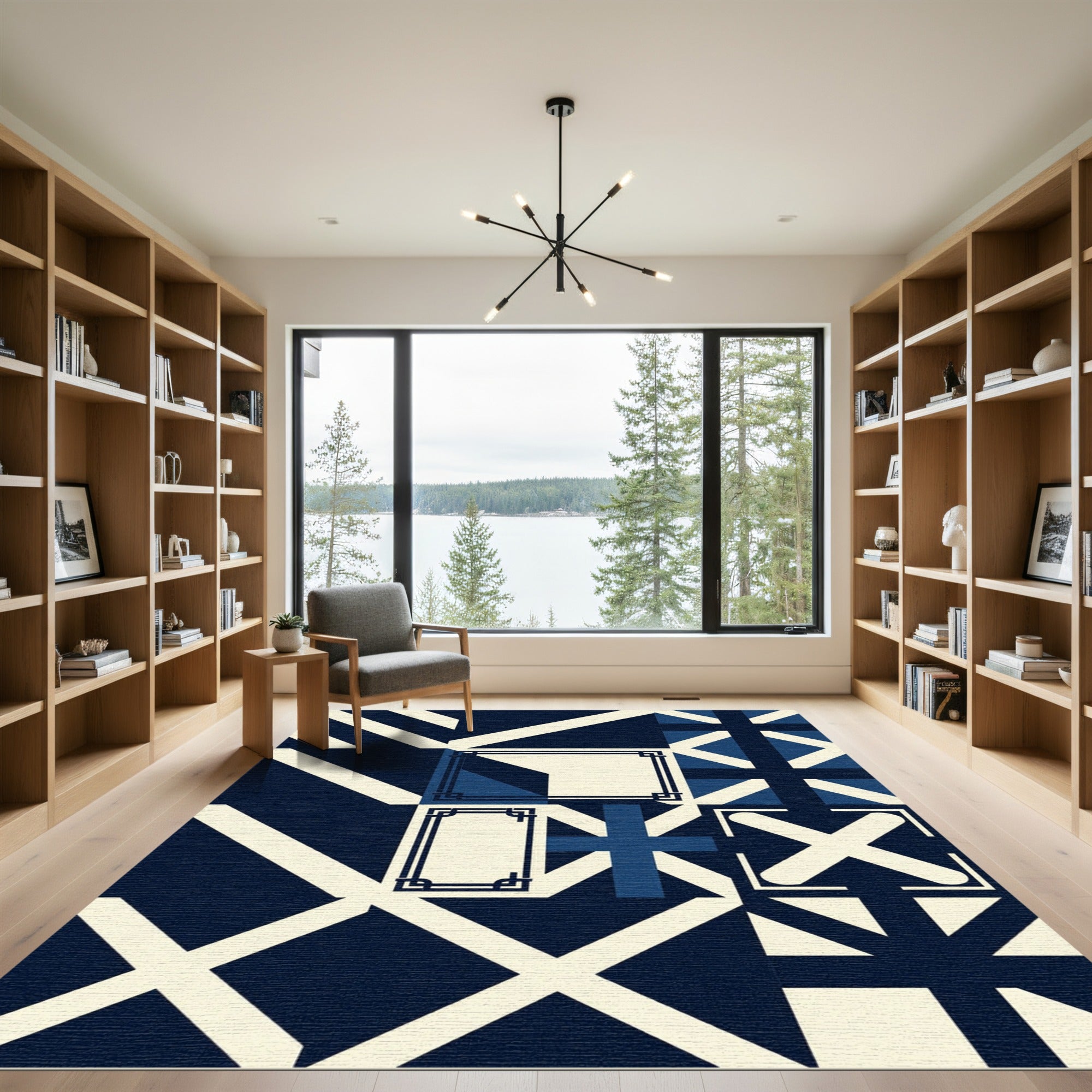 Modern Navy Cream Geometric Grid Rug