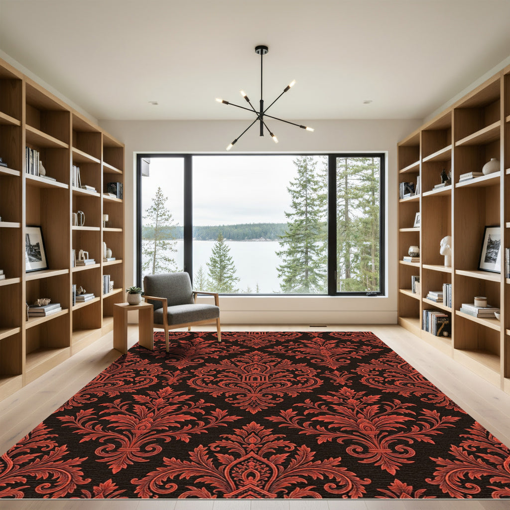 Ornate Red Black Damask Medallion Rug