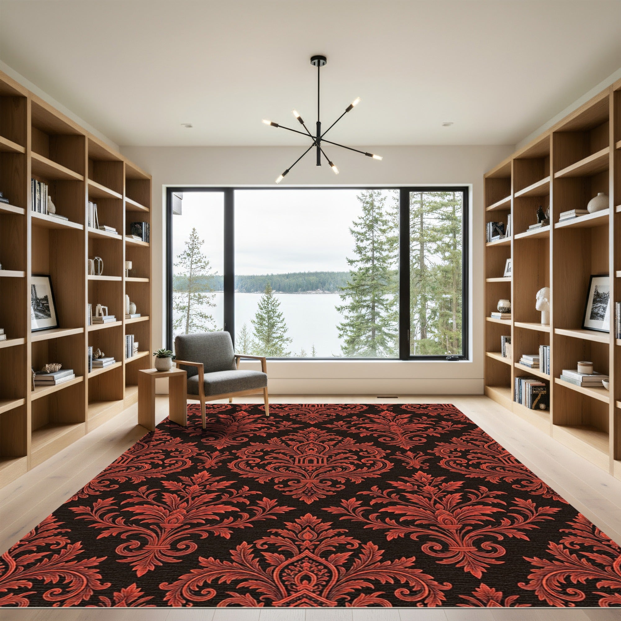 Ornate Red Black Damask Medallion Rug