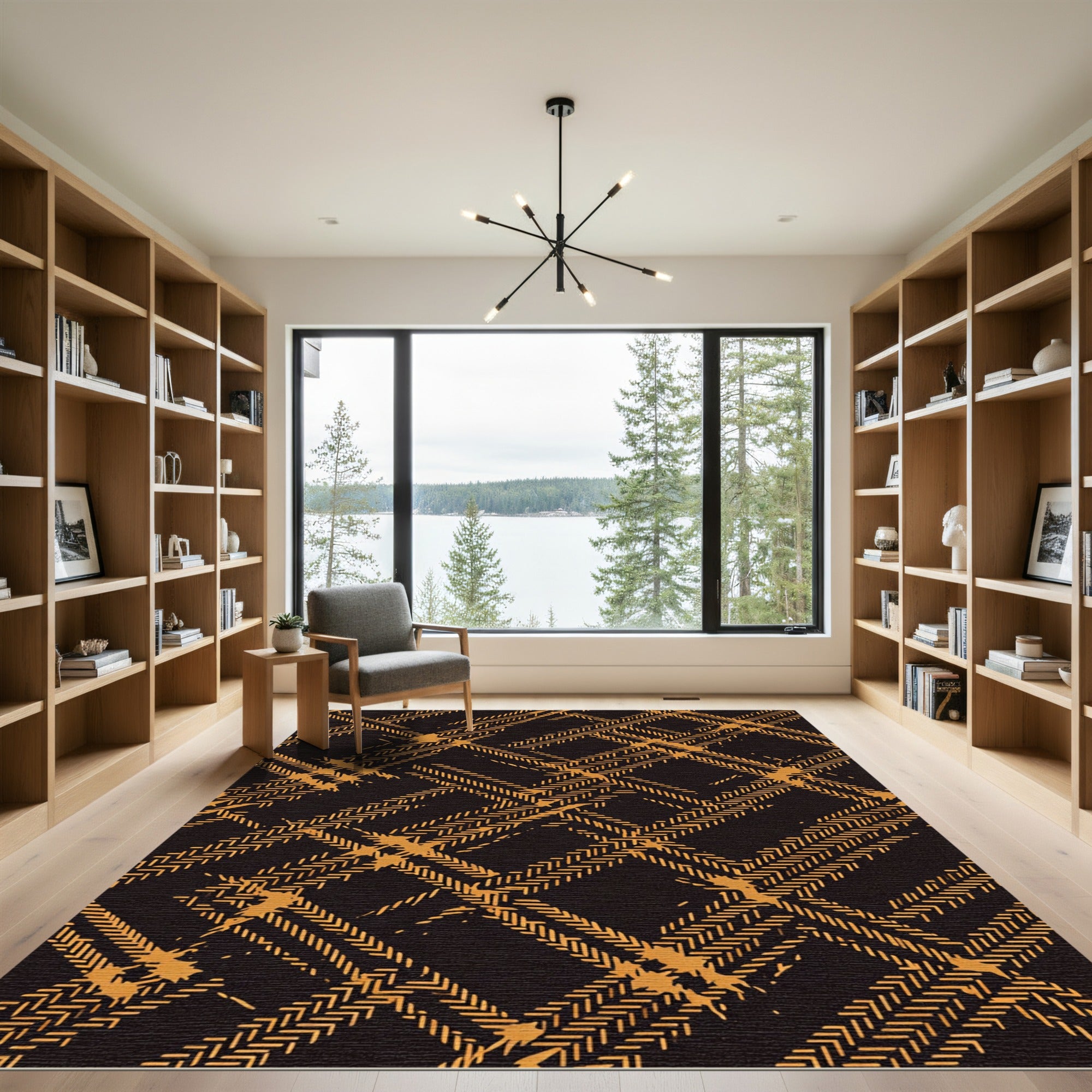 Golden Abstract Herringbone Plaid Grid Rug