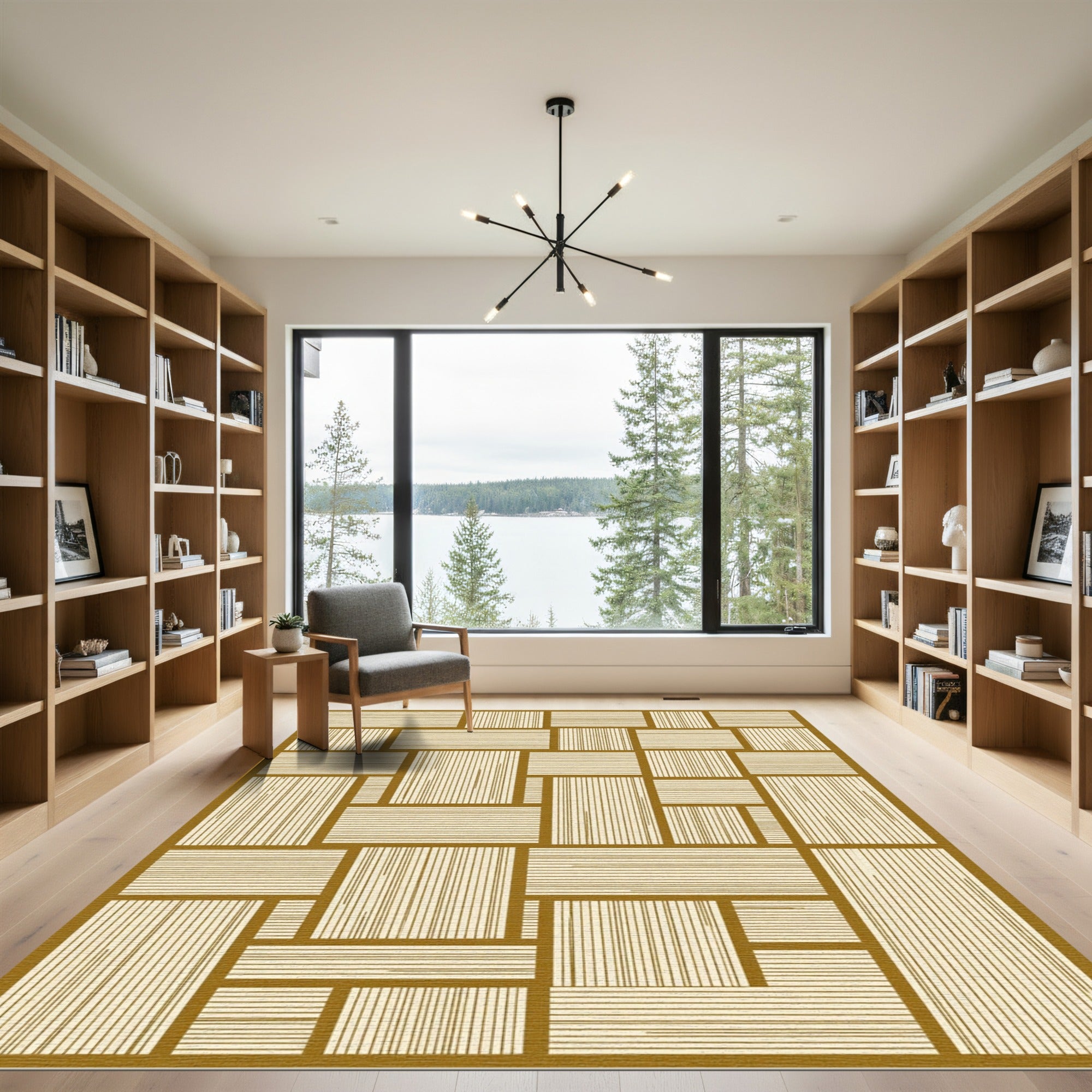 Modern Ochre Geometric Linear Grid Rug