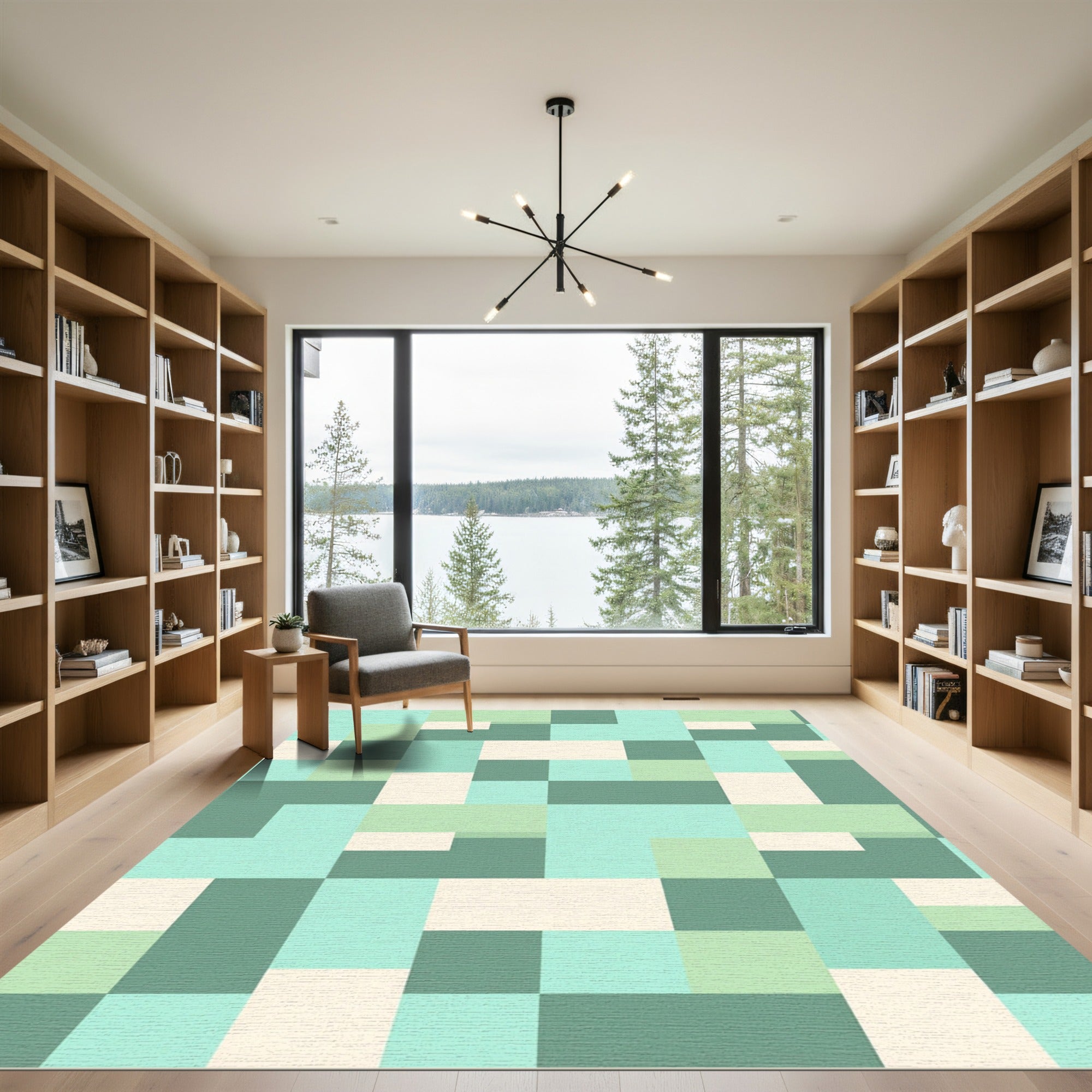 Minimalist Sage Green Geometric Blocked Rug