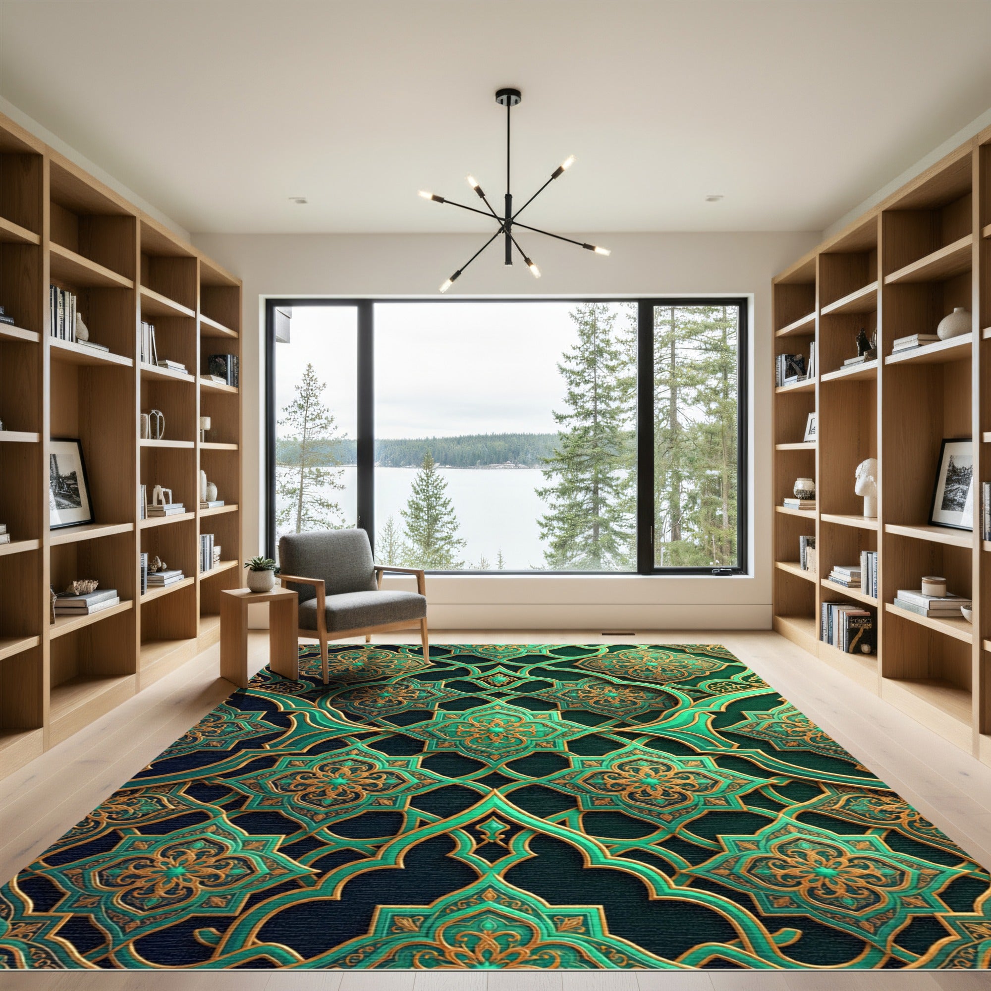 Emerald Golden Arabesque Lattice Rug