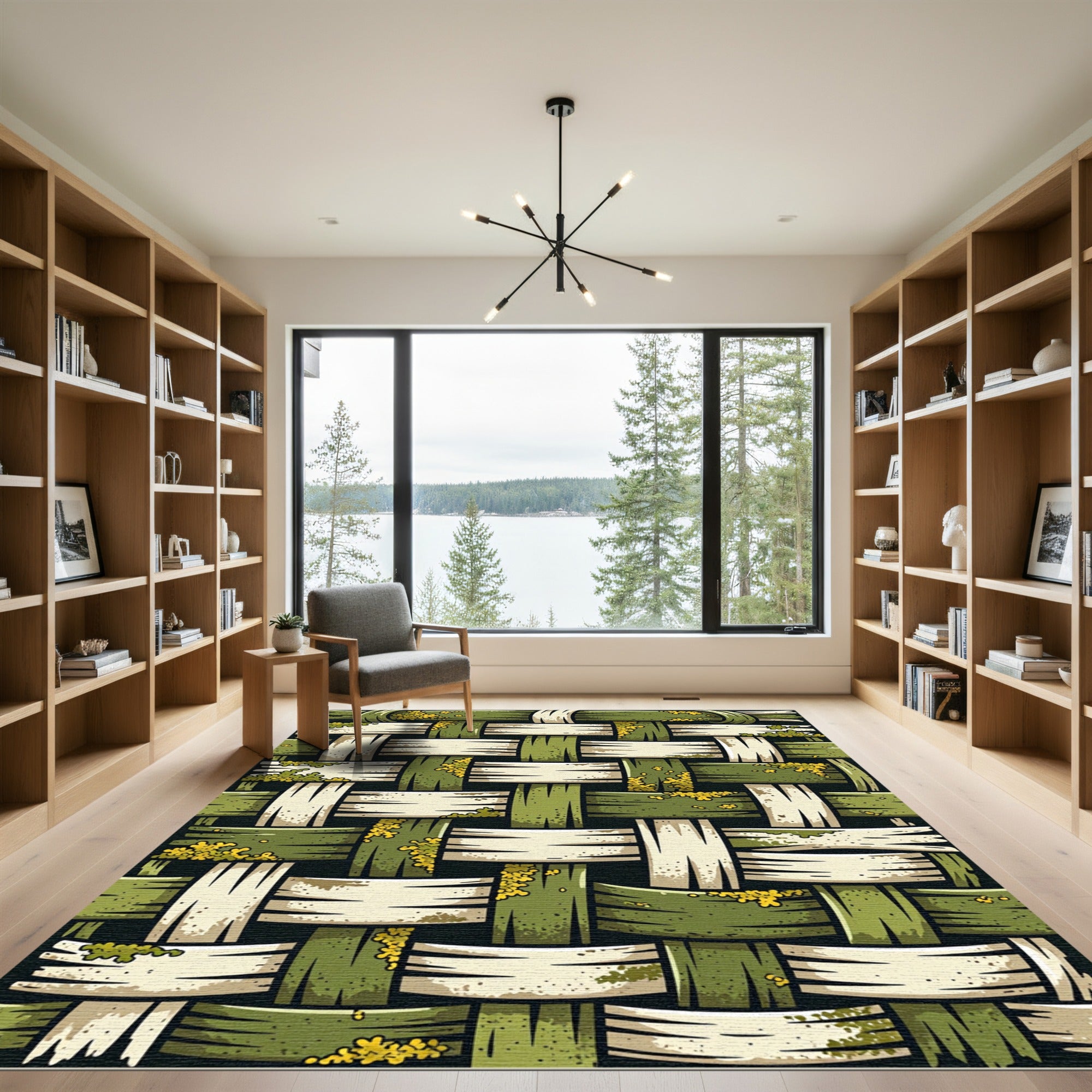 Earthy Moss Woven Textured Forest Grid Rug