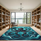 Dark Octopus Swirling Teal Ocean Waves Rug