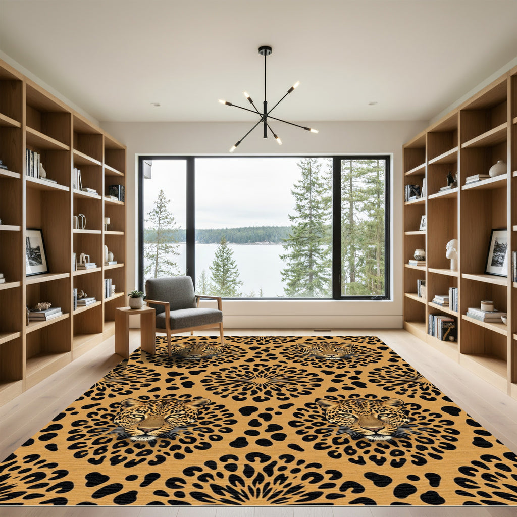 Symmetrical Leopard Head Golden Animal Decor Rug