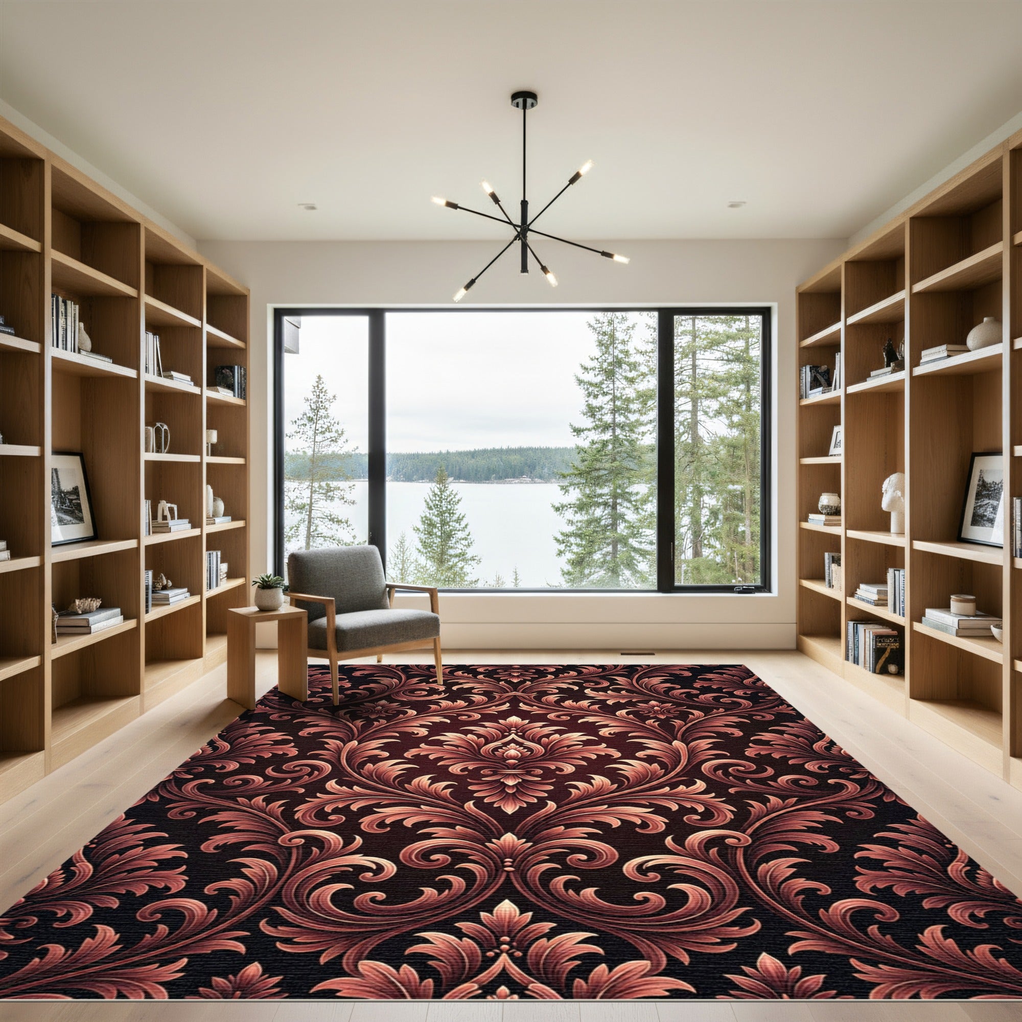 Dark Maroon Damask Scroll Floral Art Rug