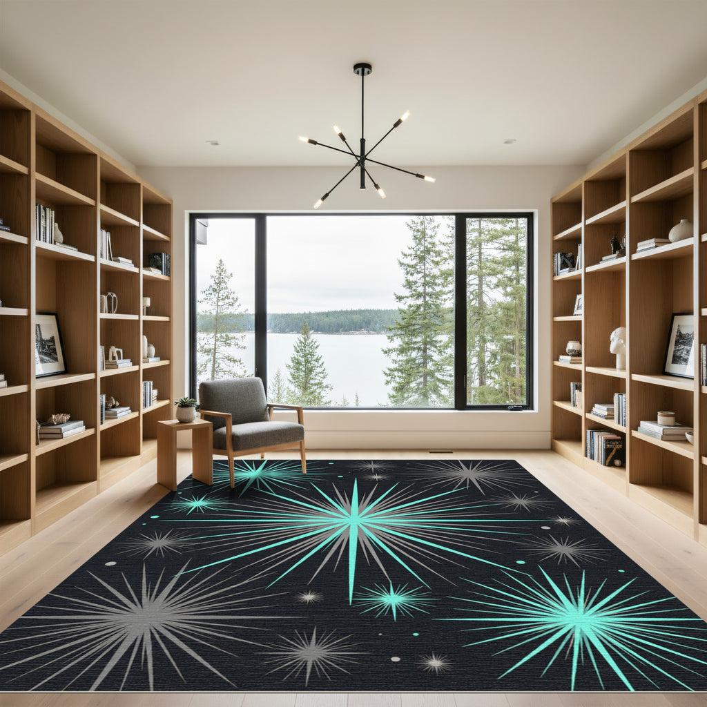 Modern Teal and Gray Starburst Rug