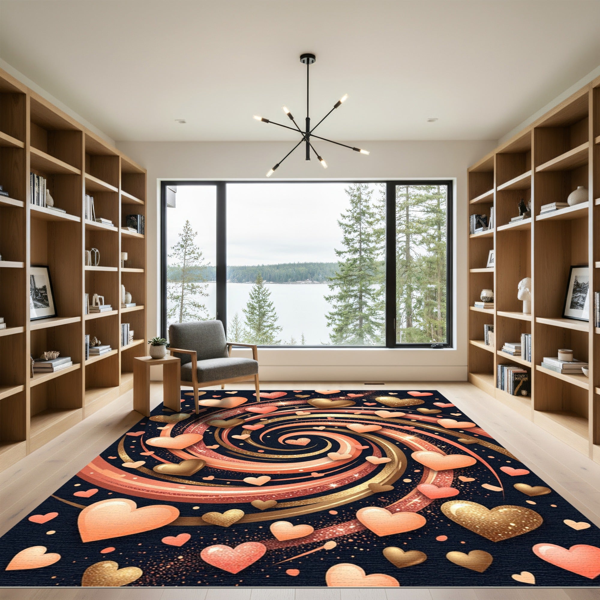 Romantic Peach Gold Heart Swirl Rug