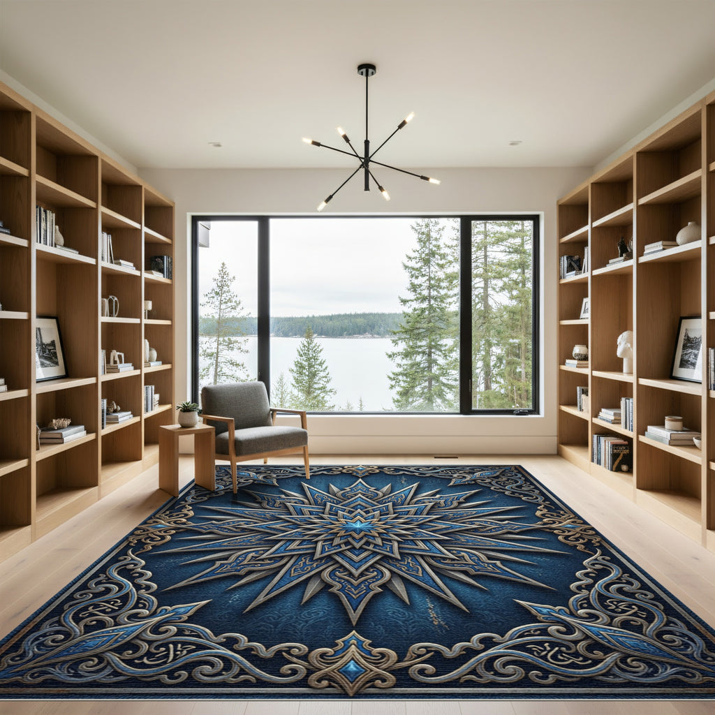 Intricate Midnight Navy Celestial Star Medallion Rug