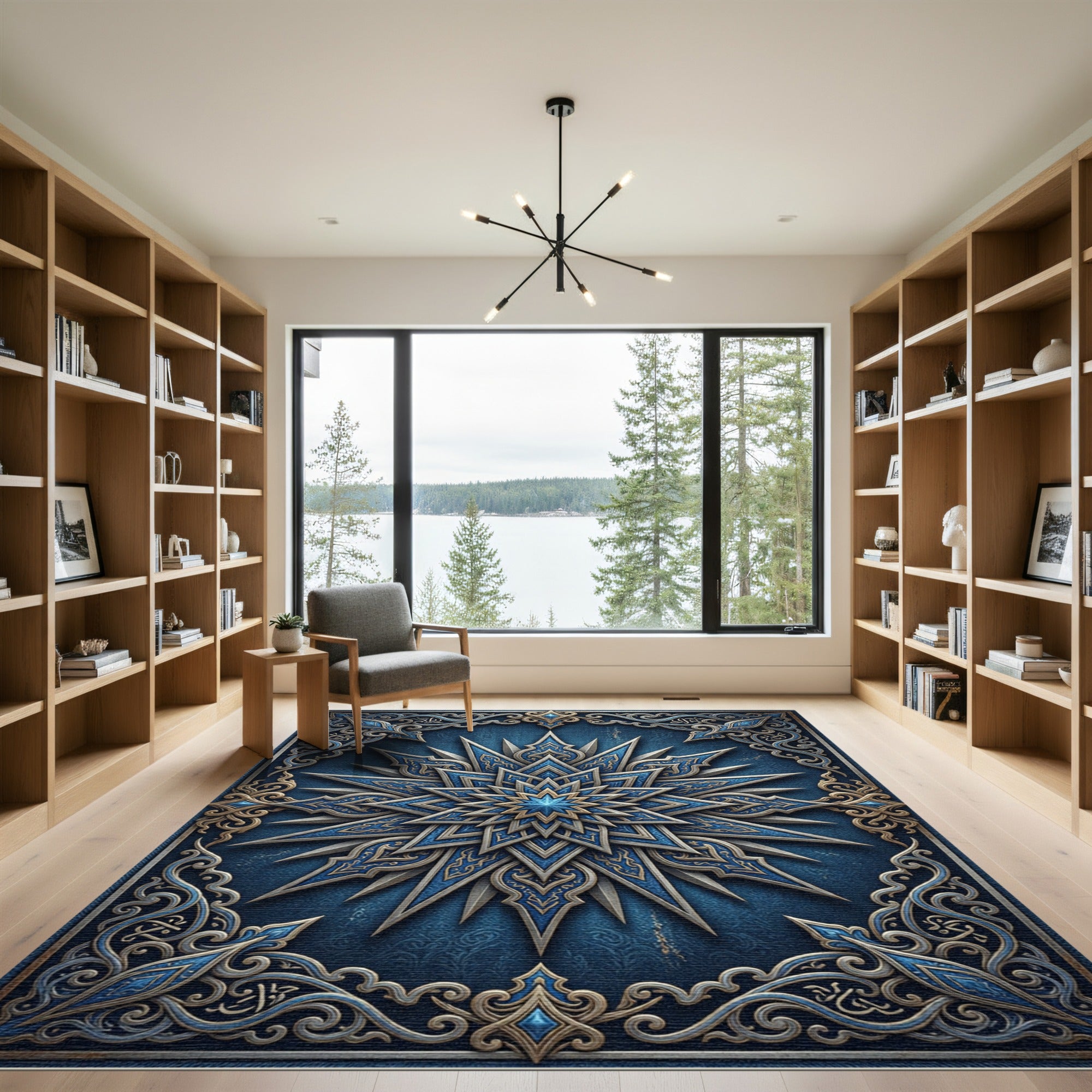 Intricate Midnight Navy Celestial Star Medallion Rug