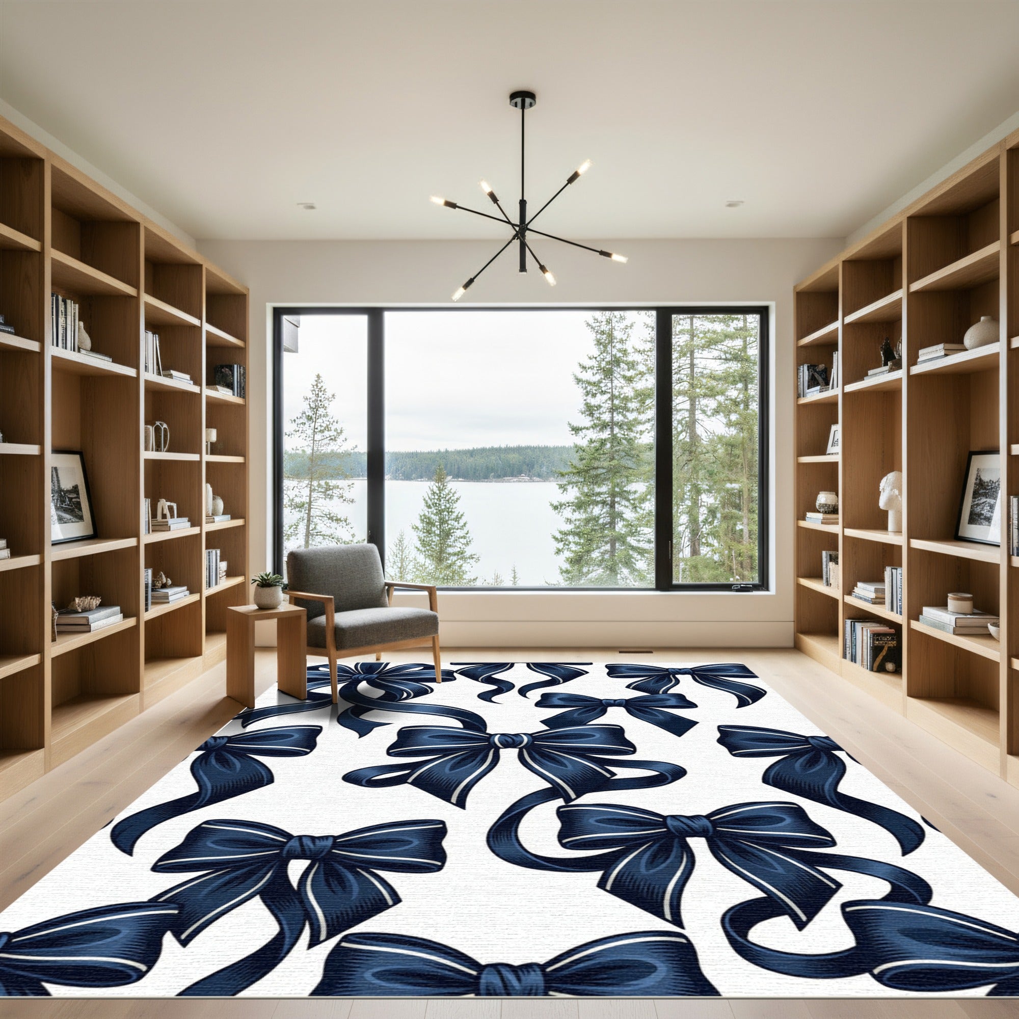 Elegant Navy Blue Bow Ribbon Accent Rug