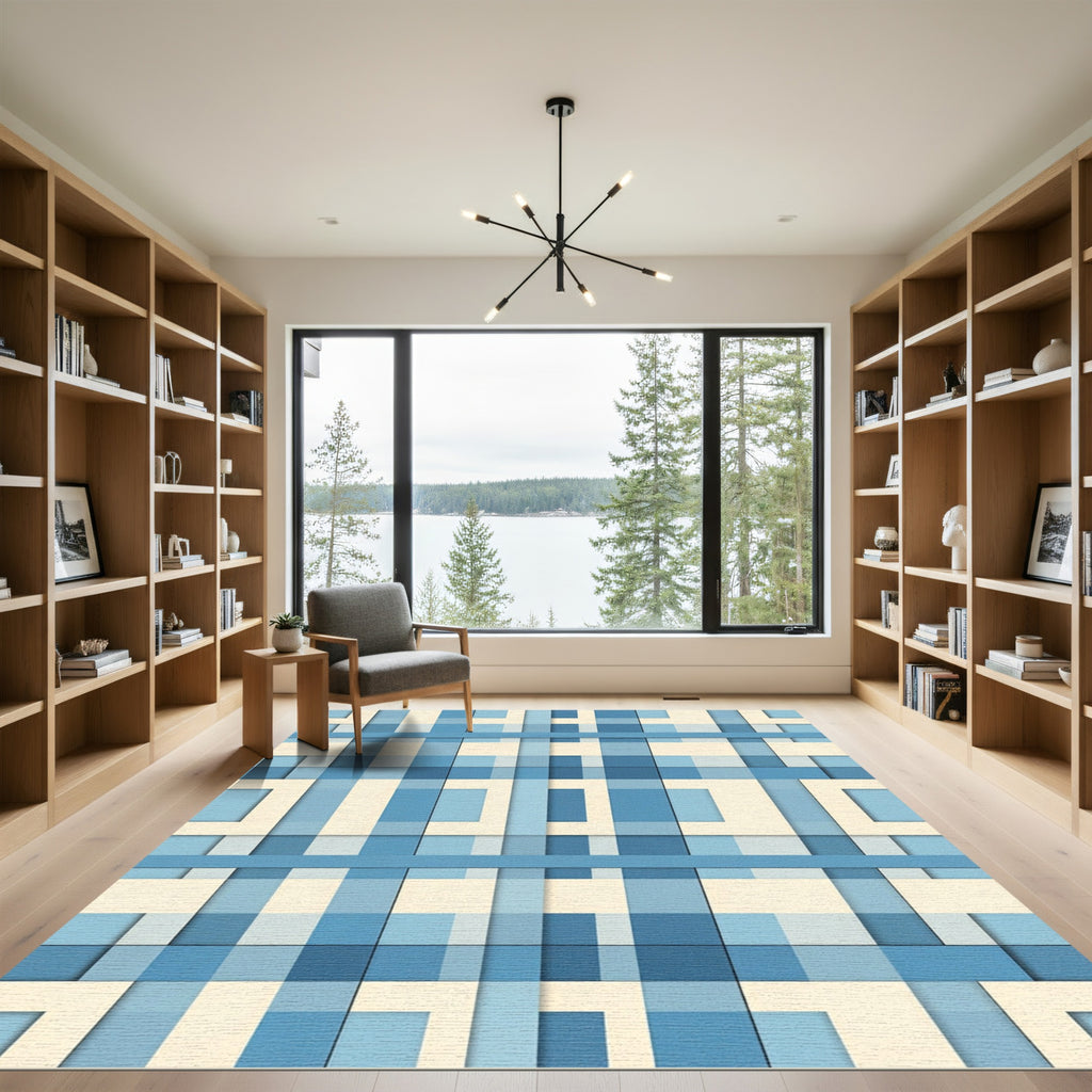 Blue Plaid Geometric Layered Grid Rug