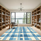 Blue Plaid Geometric Layered Grid Rug