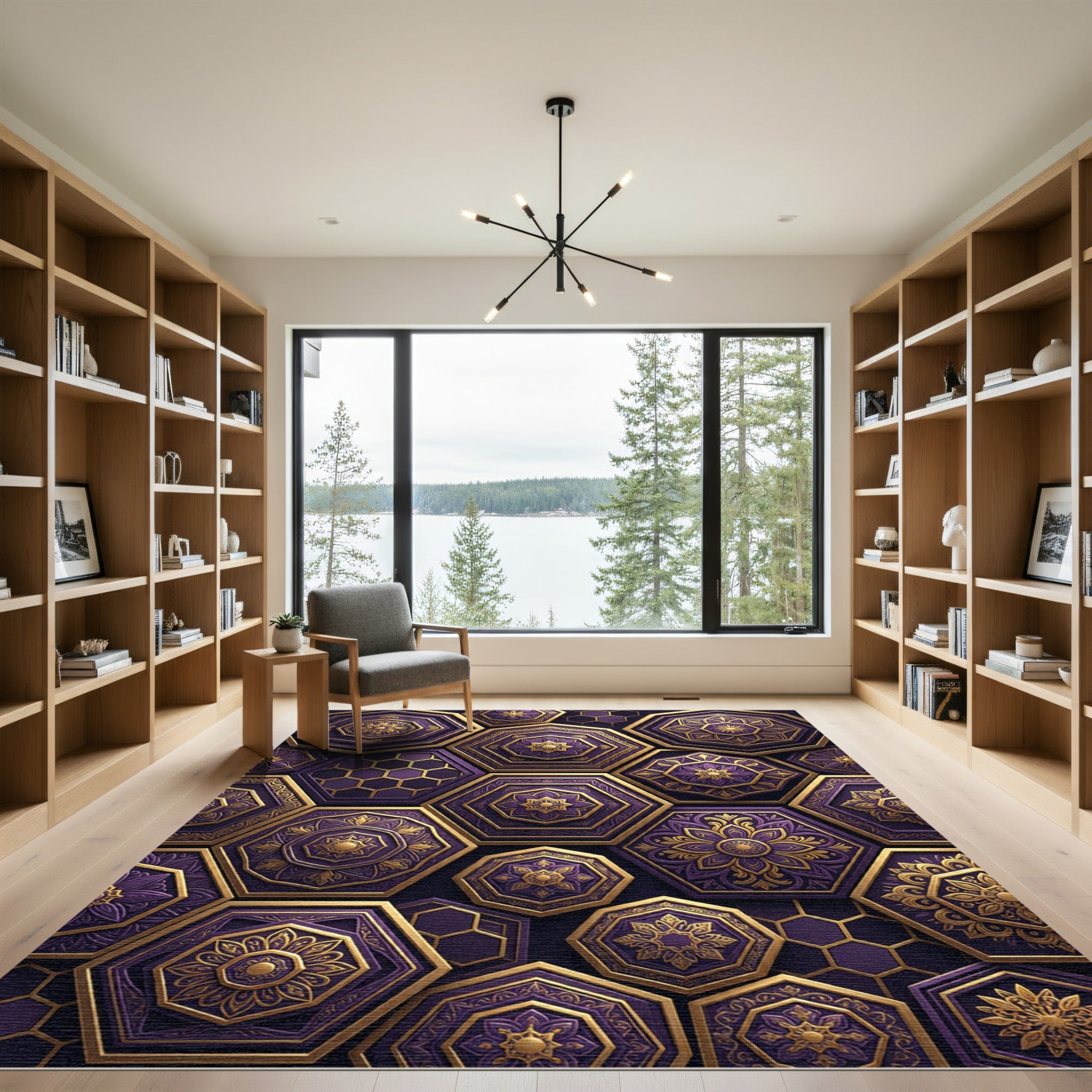Royal Purple Hexagonal Gold Floral Mosaic Rug