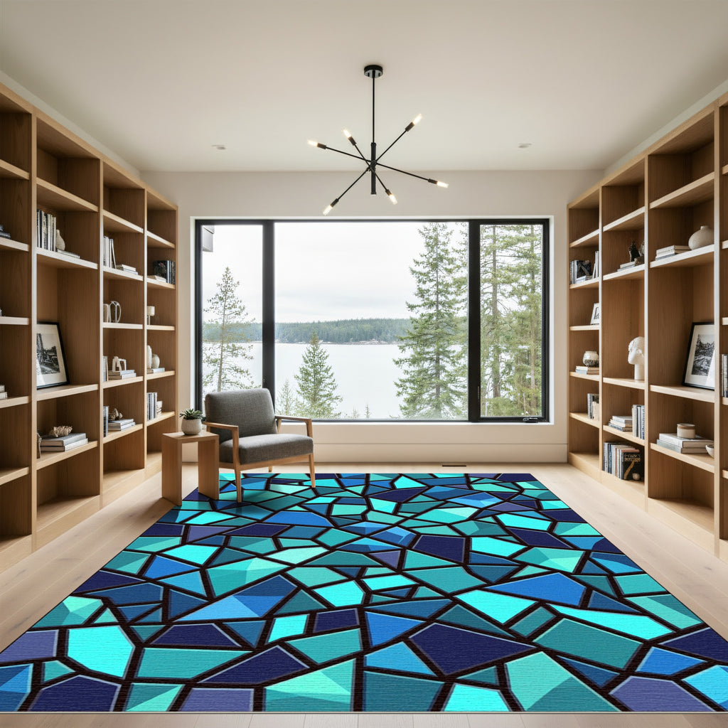 Teal Blue Shattered Geometric Rug