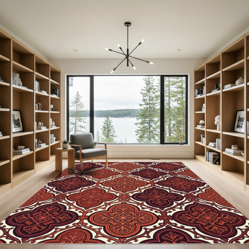 Ornate Crimson Quatrefoil Inlay Rug