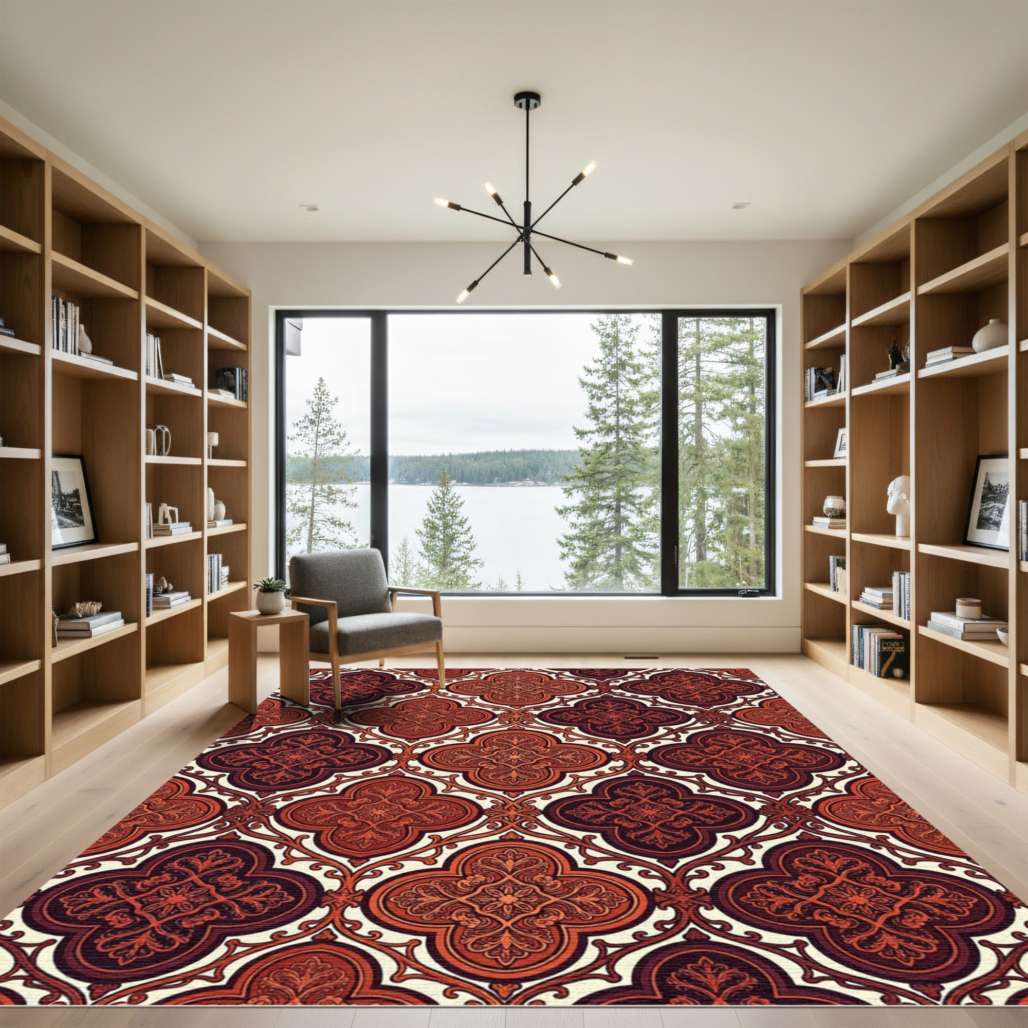 Ornate Crimson Quatrefoil Inlay Rug