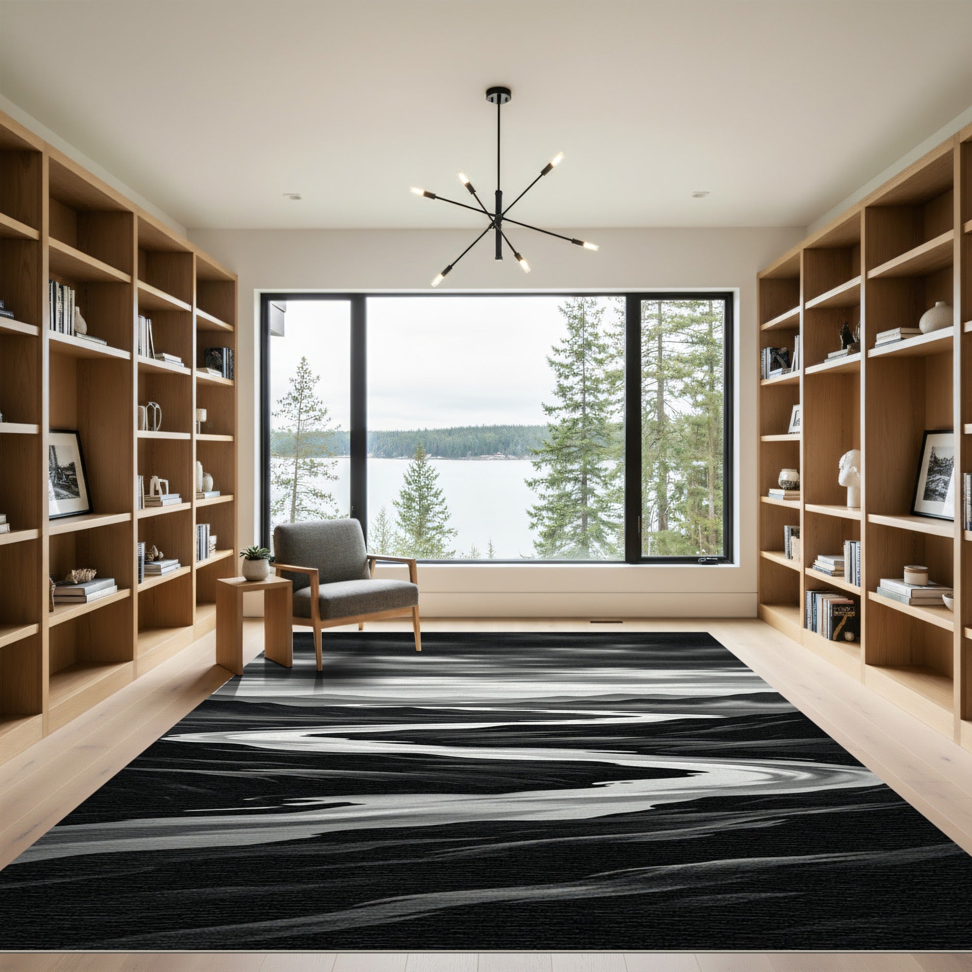 Monochromatic Winding River Landscape Contrast Rug