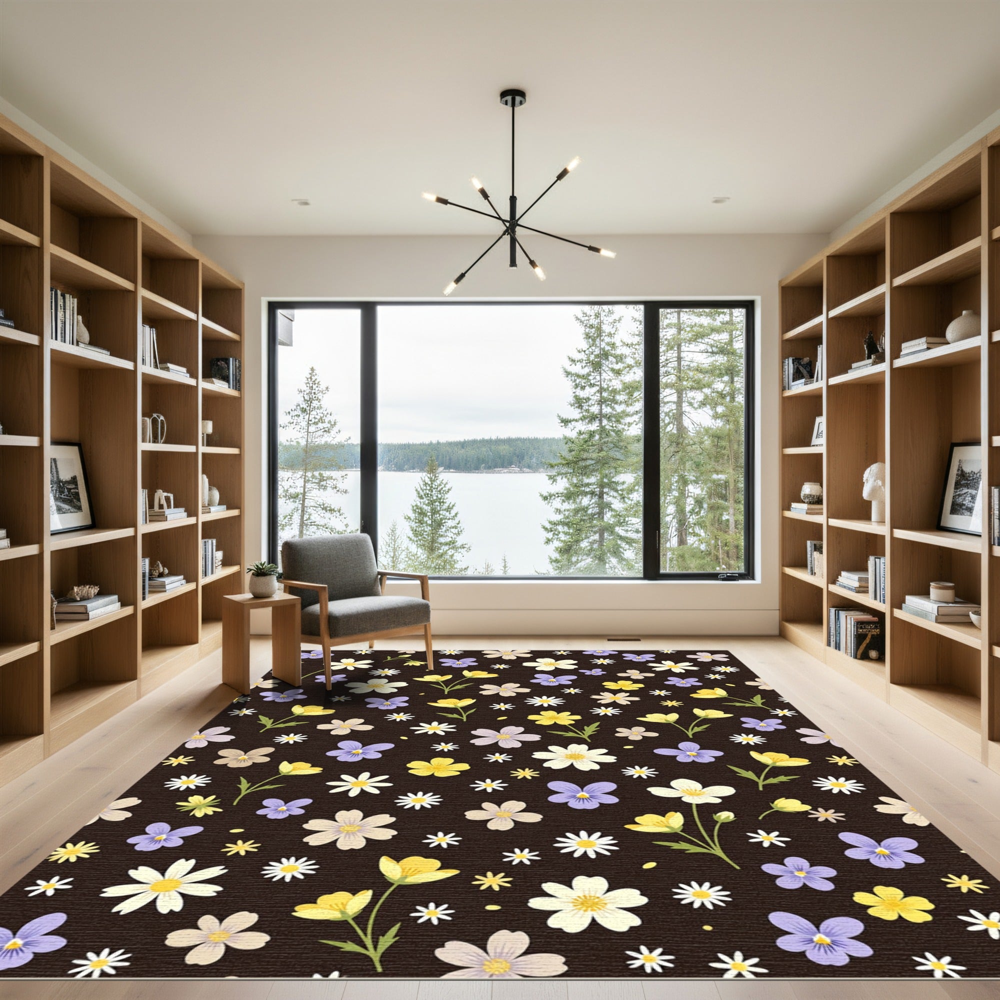 Whimsical Floral Meadow Dark Background Rug