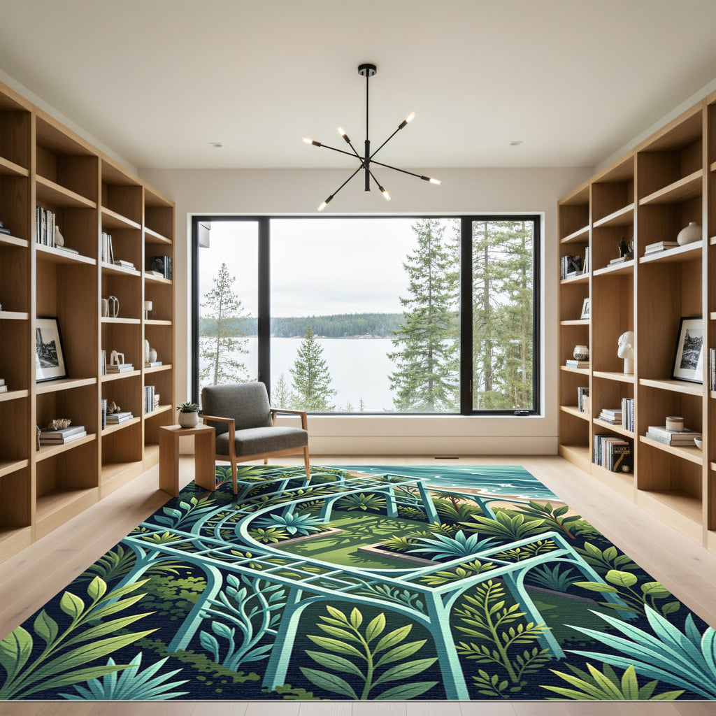 Lush Turquoise Tropical Pergola Garden Rug